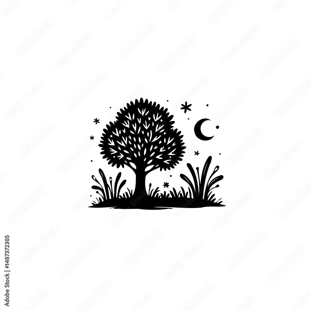 Naklejka premium Monochrome whimsical landscape illustration with tree, moon and stars design