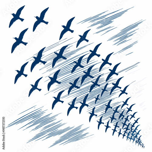 Create a vector illustration of a bold, stylized flock of birds in flight, emphasizing strong black outlines and minimal interior detail.