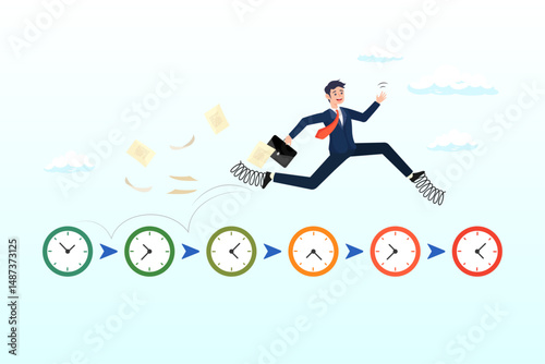 Businessman hurry running on time counting down deadline, deadline urgency, timer clock countdown, pressure to finish work within time limit, due date or timing to complete responsibility concept