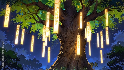 Fototapeta Naklejka Na Ścianę i Meble -  Ancient tree with hanging prayer papers, anime style