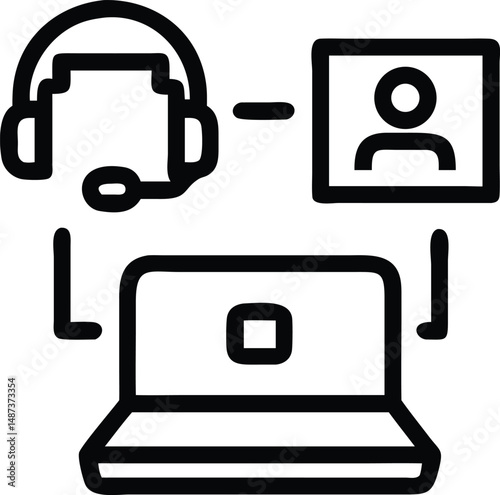 Black outline displays a laptop communicating with a headset and video call feature