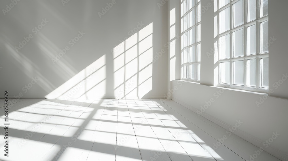 Obraz premium Bright Sunlight Illuminates Empty White Room with Large Windows