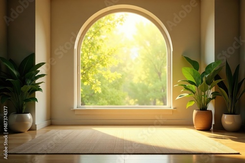 Serene meditation room, sunlight streaming through window, peaceful atmosphere , space, decor, zen