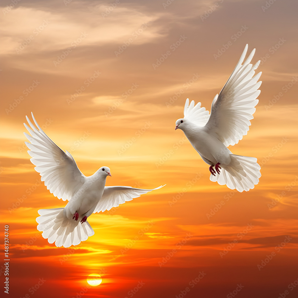 Obraz premium Two White Doves Sunset: Peace, Hope, Freedom Image on transparent background