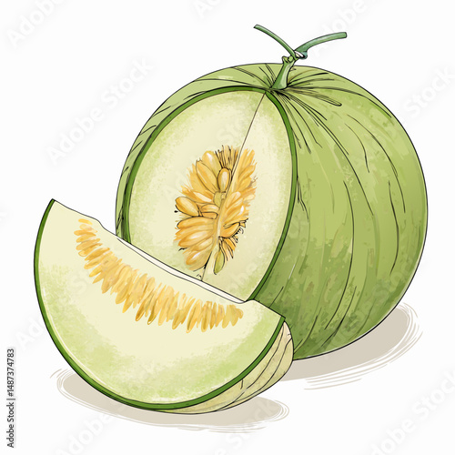 Create a vector illustration of a bold-stroked honeydew melon, emphasizing its smooth skin and vibrant green hue.  Include realistic details.