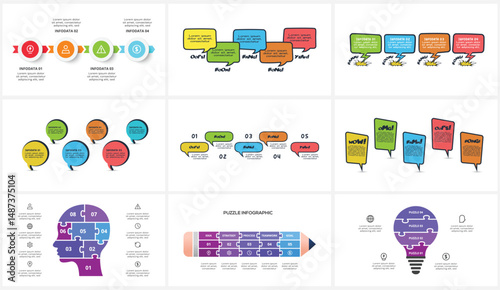 Set creative concept for infographic with 4, 5, 6, 8 steps, template for web on a black background.