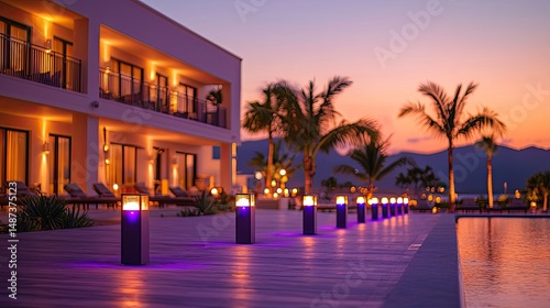 Create a prismatic scene of luxury at a high-end resort, bathed in bright soft lavender floodlights, Capture the cheerful vibes and hidden observer, evoking a sense of refinement and rejuvenation.