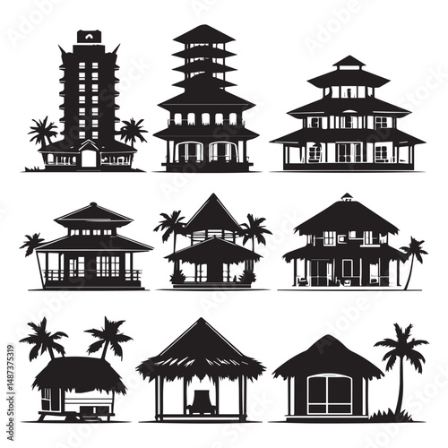 set of black various resort vector silhouettes isolated on white background