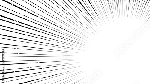 Black-and-white concentrated line background. Japanese manga-like concentrated line background. Light like sunlight.