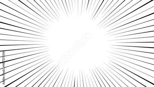 Black-and-white concentrated line background. Japanese manga-like concentrated line background. Light like sunlight.