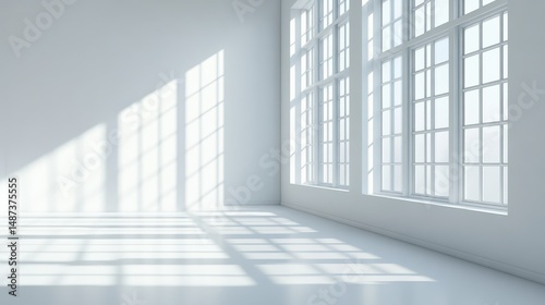 Bright White Room with Large Windows and Sunlight Shadows