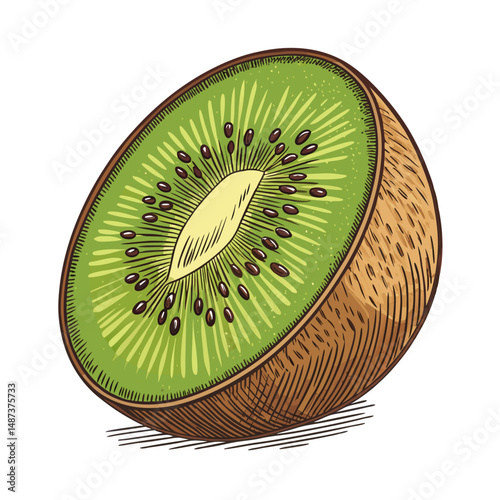 Create a bold vector illustration of a sliced open kiwi fruit, showcasing its vibrant green flesh and black seeds.  High detail, clean lines.