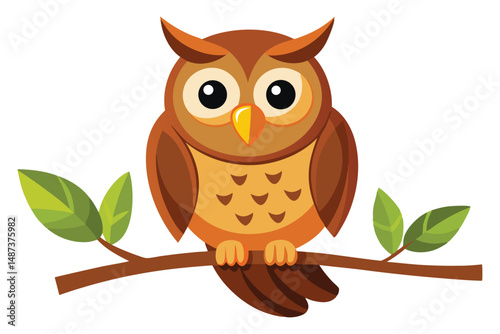 Brown cartoon owl is sitting on a branch with green leaves, looking forward