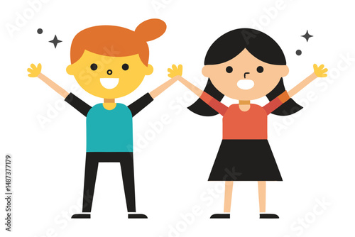 Cartoon boy and girl cheerfully celebrate raising arms with sparkle on white background
