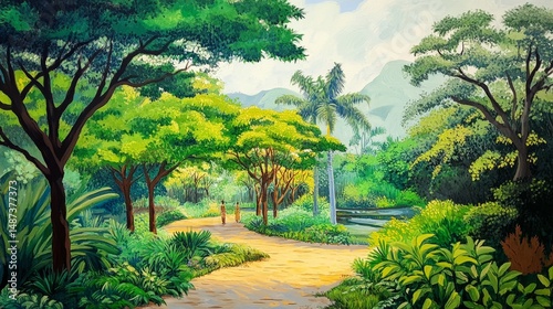A path winds through a lush green forest with trees and vegetation.