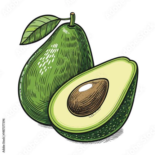 Create a bold, vector illustration of a halved avocado with a visible seed, emphasizing thick, contrasting outlines.