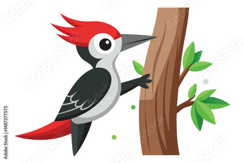 Cartoon woodpecker with red crest clings to tree trunk with leafy branches