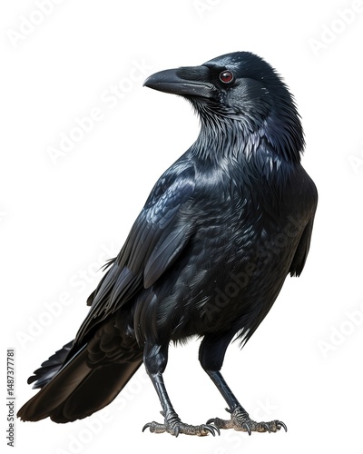 Realistic raven bird with glossy black feathers standing on white background