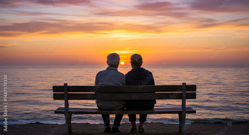 Obraz premium Couple Sitting on Bench Watching Ocean Sunset