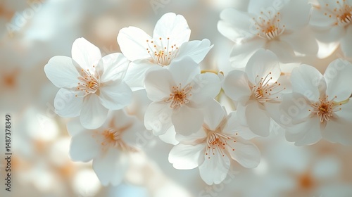 Close Up of Delicate White Cherry Blossoms in Soft Light