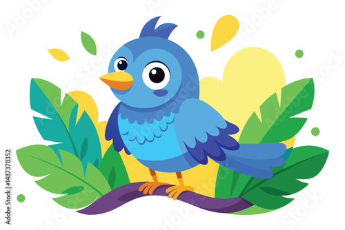 Cheerful blue bird illustration perched on branch amidst vibrant leaves and whimsical dots