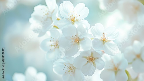 Close Up of Delicate White Cherry Blossoms Soft Focus Pastel Spring Flowers