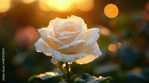 Close Up of Dew Covered Cream Rose at Sunset