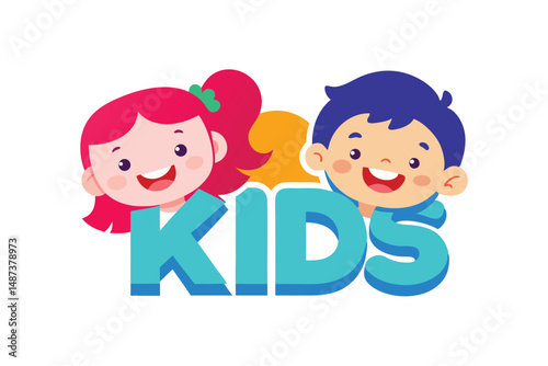 Cheerful cartoon girl and boy with red and blue hair behind a kids inscription