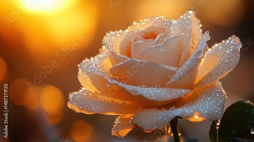 Close Up of Dew Covered Light Cream Rose at Sunset
