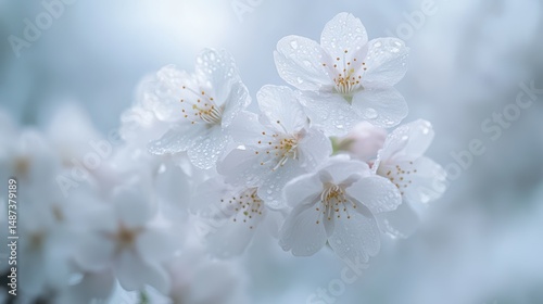 Close Up of Dew Covered White Cherry Blossoms, Soft Focus and Pastel Tones