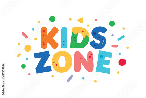Cheerful vibrant Kids Zone lettering stands out amid festive confetti on a white backdrop