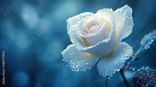 Close Up of Dew Covered White Rose Against a Soft Blue Background