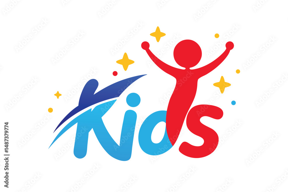 Obraz premium Cheerful word 'Kids' logo in blue and red features jumping character and stars