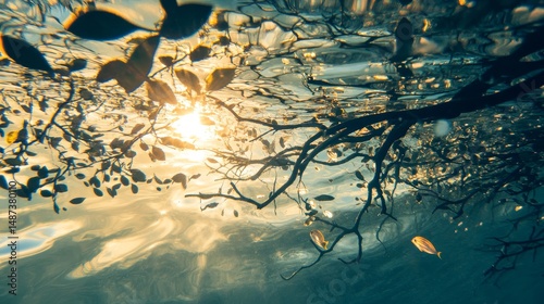 Tree branches and leaves against a bright sky with blurred city background.