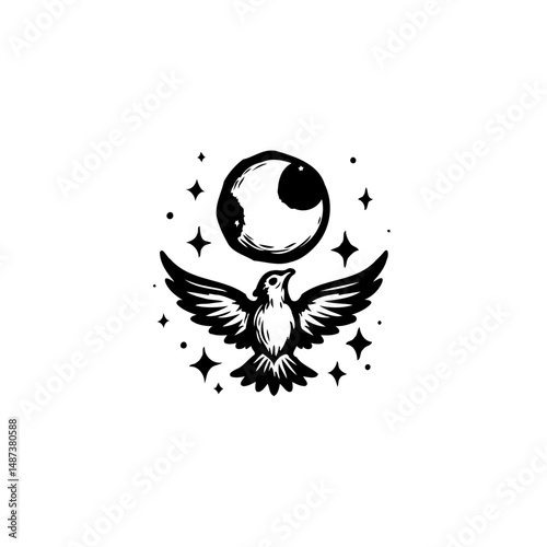 Stylized depiction of a bird soaring beneath celestial sphere and stellar accents