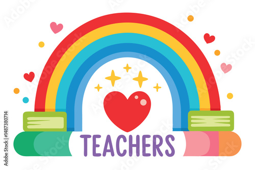 Colorful rainbow with hearts above the books spells teachers below on a white backdrop