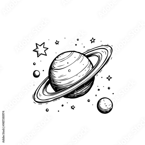 Celestial Sketch: Saturn Surrounded by Stars and Cosmic Dust Illustration