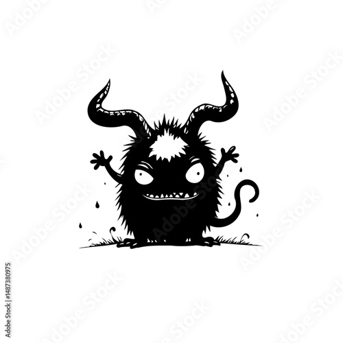 Whimsical Horned Creature Illustration with Playful Attitude in Black and White