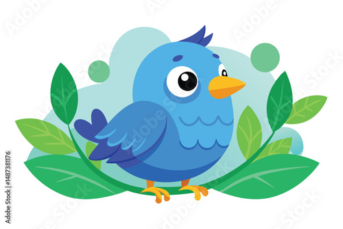 Cute blue bird with big eyes perches amongst green leaves and bubbles