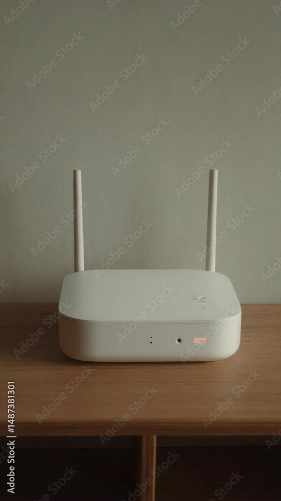 Minimalist white wireless internet router with antennas placed on a wooden table against a solid light green wall in a vertical composition.