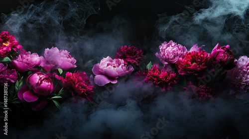 Fototapeta Naklejka Na Ścianę i Meble -  Lush peonies in deep purple and pink, shrouded in smoky darkness.
