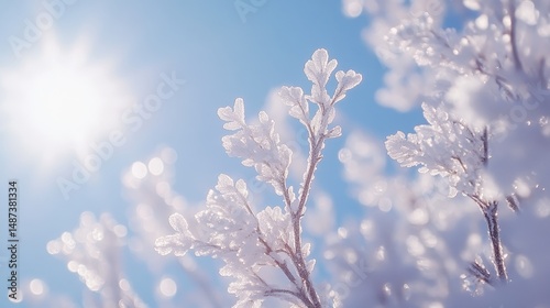 Close up of Frosty Branches Glistening in Bright Sunlight