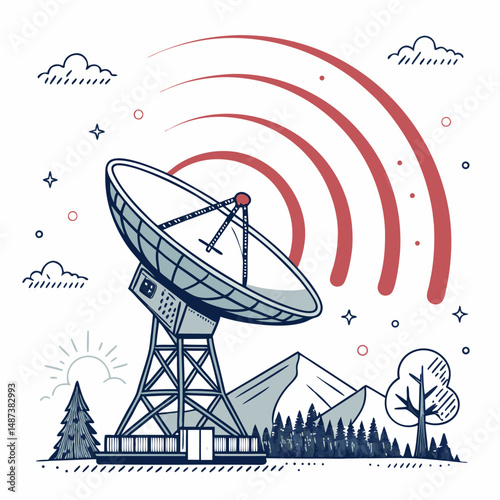 Create a bold, vector illustration of a satellite dish, emphasizing strong, defined lines and a pointed design.  Include details like the reflector and feedhorn.