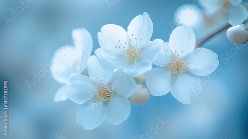 Closeup of Delicate White Flowers with Dew Drops, Soft Focus and Light Blue Background