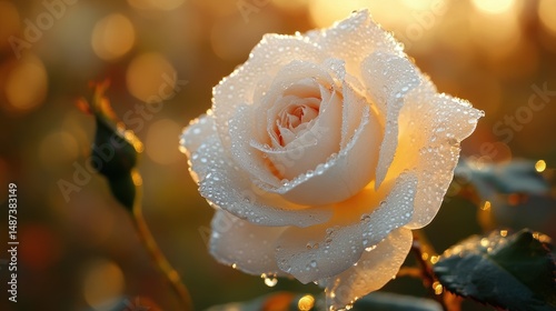 Closeup of Dew Covered White Rose in Soft Golden Sunrise Light