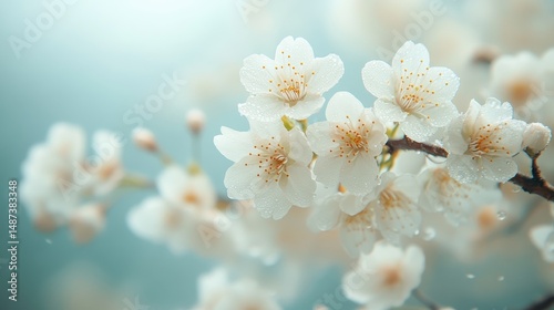 Closeup of Dew Kissed White Cherry Blossoms Soft Focus Spring Floral Photography