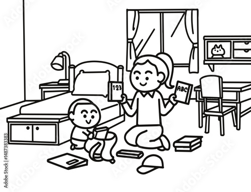 Mother and boy preparing for back to school 