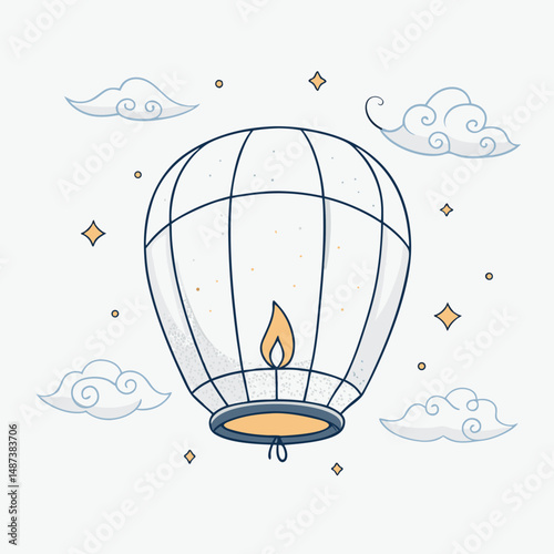 Create a vector illustration of a bold-stroked, sky lantern floating gracefully in a night sky.  Illustrate vibrant, glowing details.