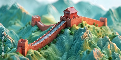 Miniature model of the great wall amidst mountains.