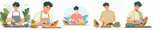 vector of young man cutting papaya